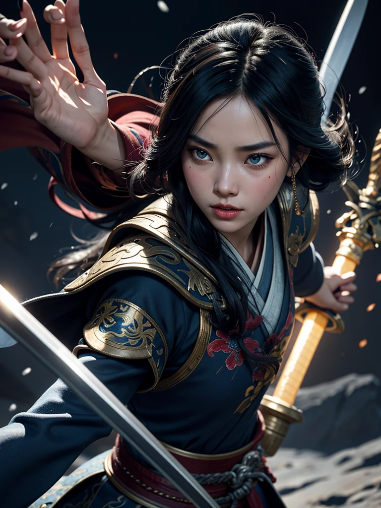 Glowing, two tone color hair, Glowing eyes, Mulan composed of red light, Mulan made up of black smoke, Black-haired Mulan，White-haired Mulan，Mulan with blue eyes glowing，Mulan，The eyes are green, Mulan in dark blue armor，Mulan in golden armor，a 3D render (Close-up of Mulan holding a sword), （A very long sword，Shining with cold light），（A sword with a dragon pattern），The surface of the sword is as smooth as a mirror，Cold light flashes，The hilt of the sword is inlaid with precious jade and wood，The upper body wears dark blue armor made of fish scales and iron， The armor was also inlaid with golden stars，floral embroidery，Cloak decorated in black and gold， Very long hair, Ebony hair, Big black eyes, Long eyelashes, Sexy red lips, Resolute expression, disney movie《Mulan》, Martial arts, Kungfu, Chinese exquisite clothing, ， 1 Mulan, Solo, Ancient wind，WABSTYLE STYLE, Background with: It was snowing heavily，It was snowing heavily，It was snowing heavily in the sky， Hurricane weather，vortex,,{{Masterpiece}}, {{{Best quality}}},{{Ultra-detailed}}, {{illustration}},{{Disheveled hair}},{{Masterpiece}},{{{Best quality}}},{{Ultra-detailed}}, {{{illustration}}},{{Disheveled hair}},Clear facial features,close up photograph,,Alphonse Mucha,Pixar style,Cartoon style,beatrix potter ,Refined atmosphere,Intense atmosphere, microscopic view,Close-up(CU),Extreme closeup,back Lighting,