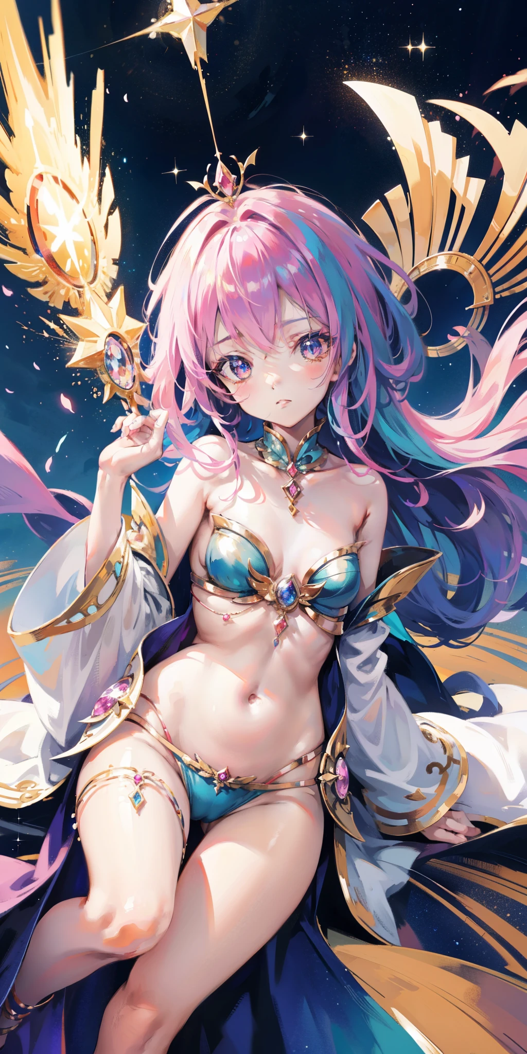 Anime star magic girl, sparkling magic girl, portrait of the magic girl, Beautiful Celestial Mage, magic , anime goddess, celestial magic girl, rich and colorful gradient layered magic costume, (rich and colorful), Fantastic, charming, Small Breasts,open navel,Bare thighs,Camel toe,whole body