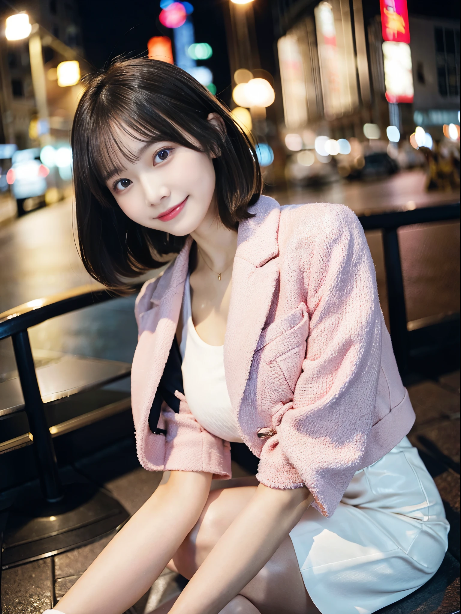 （Very very short hair）、Brown eyes、Big Eyes、night、night景、Light pink jacket、Short skirt、beauty secretary、（Very large breasts、Very thin and long legs、Perfect figure、High heels、whole body、Big smile）、1 female、No makeup、17 years old、（masterpiece、8K,RAW Photos、High resolution:1.4）
