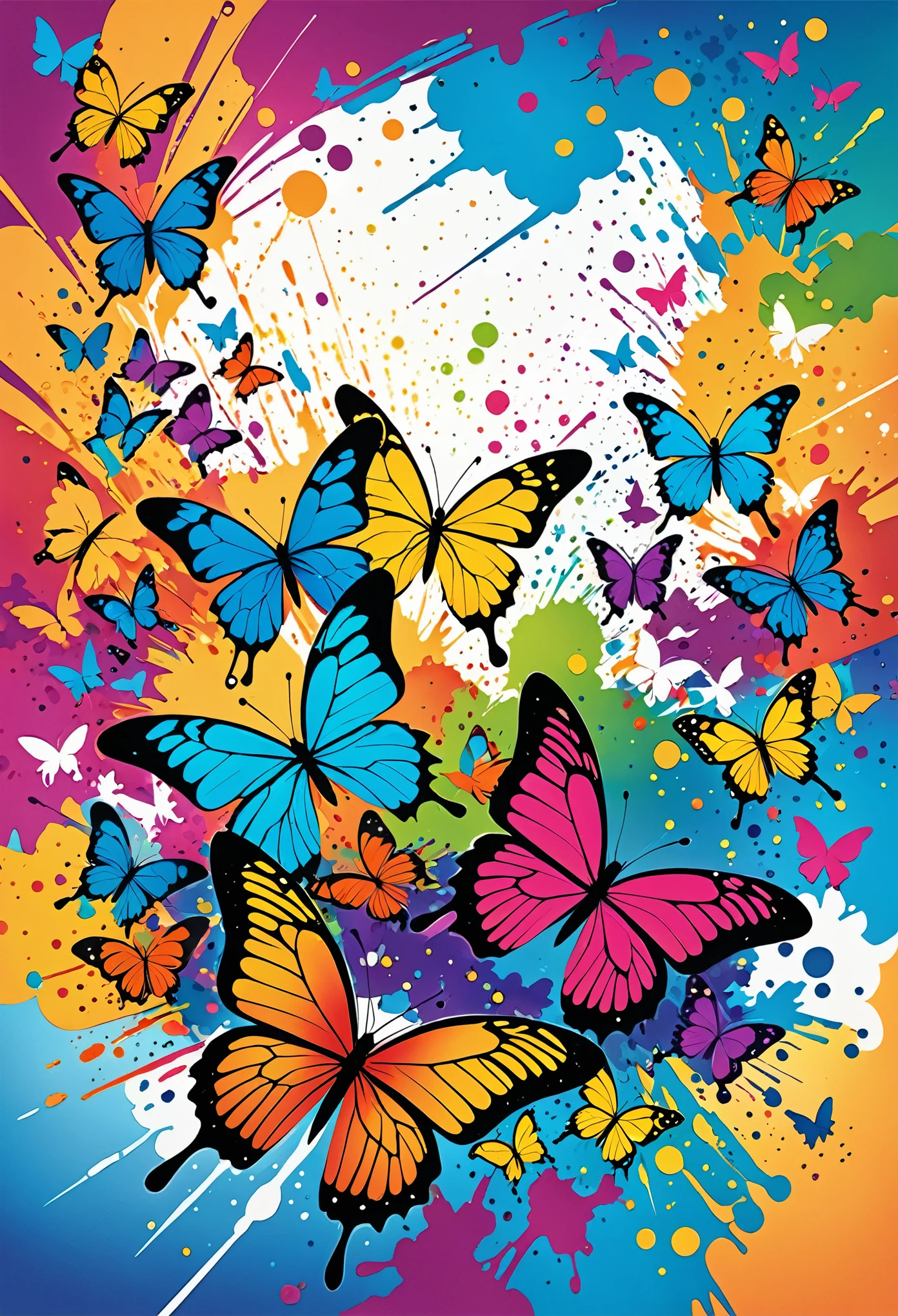 Vector Art, Colorful illustration with many butterflies, In the center, Vibrant colors, Paint splatters and stains, High Detail,Hawaiian style background
