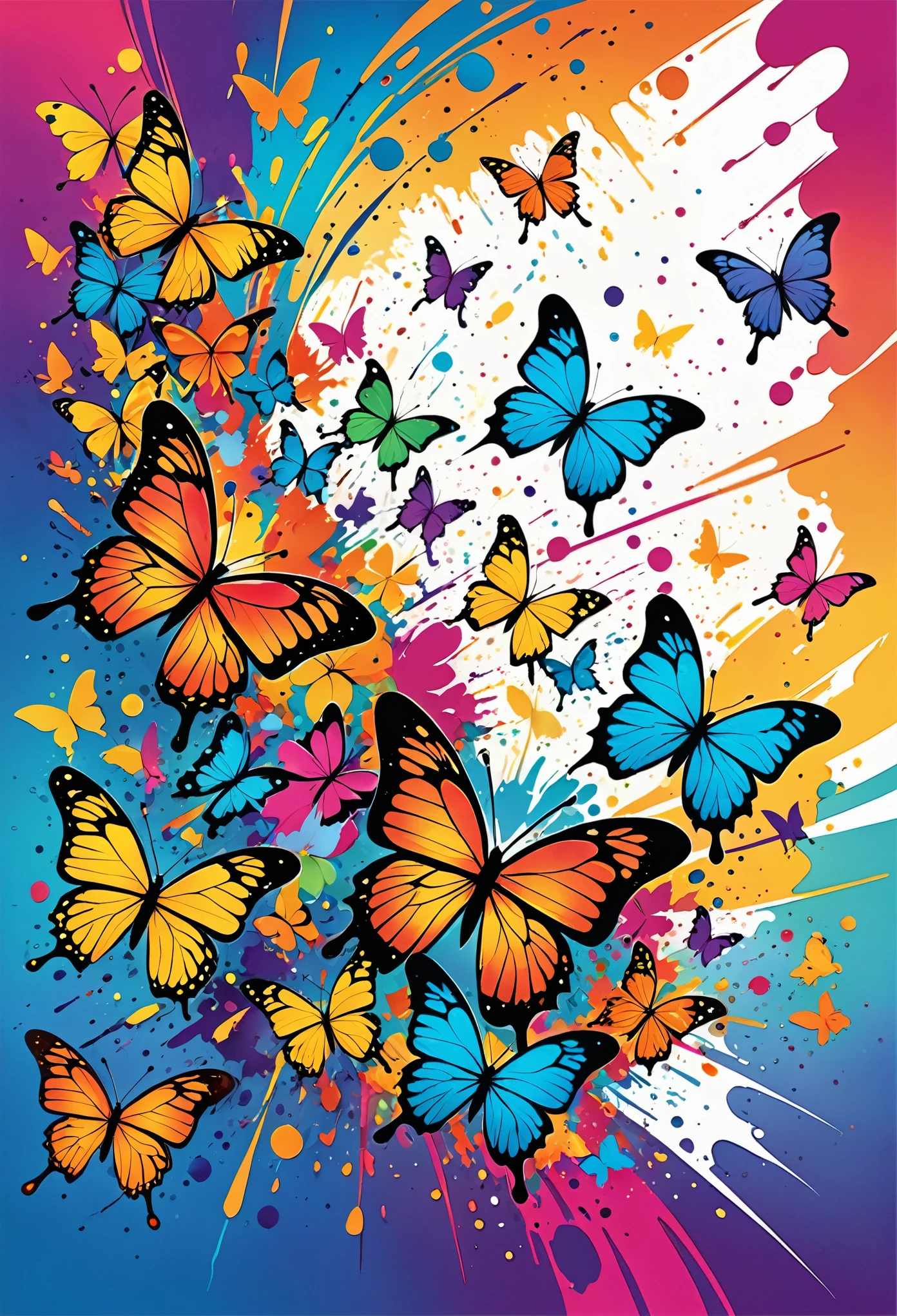 Vector Art, Colorful illustration with many butterflies, In the center, Vibrant colors, Paint splatters and stains, High Detail,Hawaiian style background