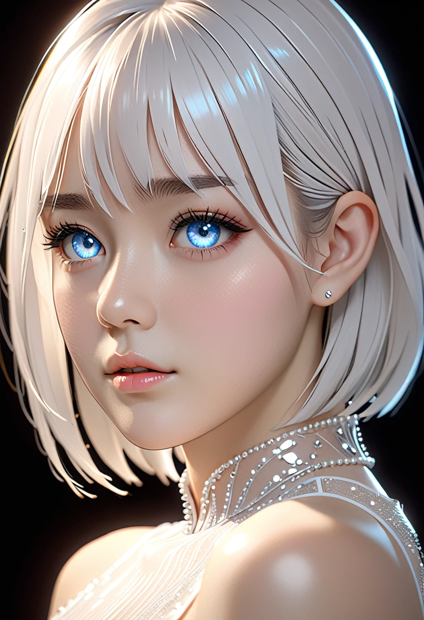 highest quality,A perfect masterpiece,Perfect artwork,Official Works,8k,, (Upper body portrait:1.3),((View from the side:1.5)),Close-up lens,Delicate face,, ************,White Hair Girl,(hakuhatsu:1.5),Short and medium hair,((White, clear eyes:1.5)),(White Dress:1.2),(Transparent clothing:1.2),(Black background:1.3),, The illusion of pearls,cyber punk,Fashion Trends,3s material,High resolution,Detailed performance,c4d,3D,Octane Rendering,Ray Tracing,Intricate details,Animation lighting,OCrenderer,