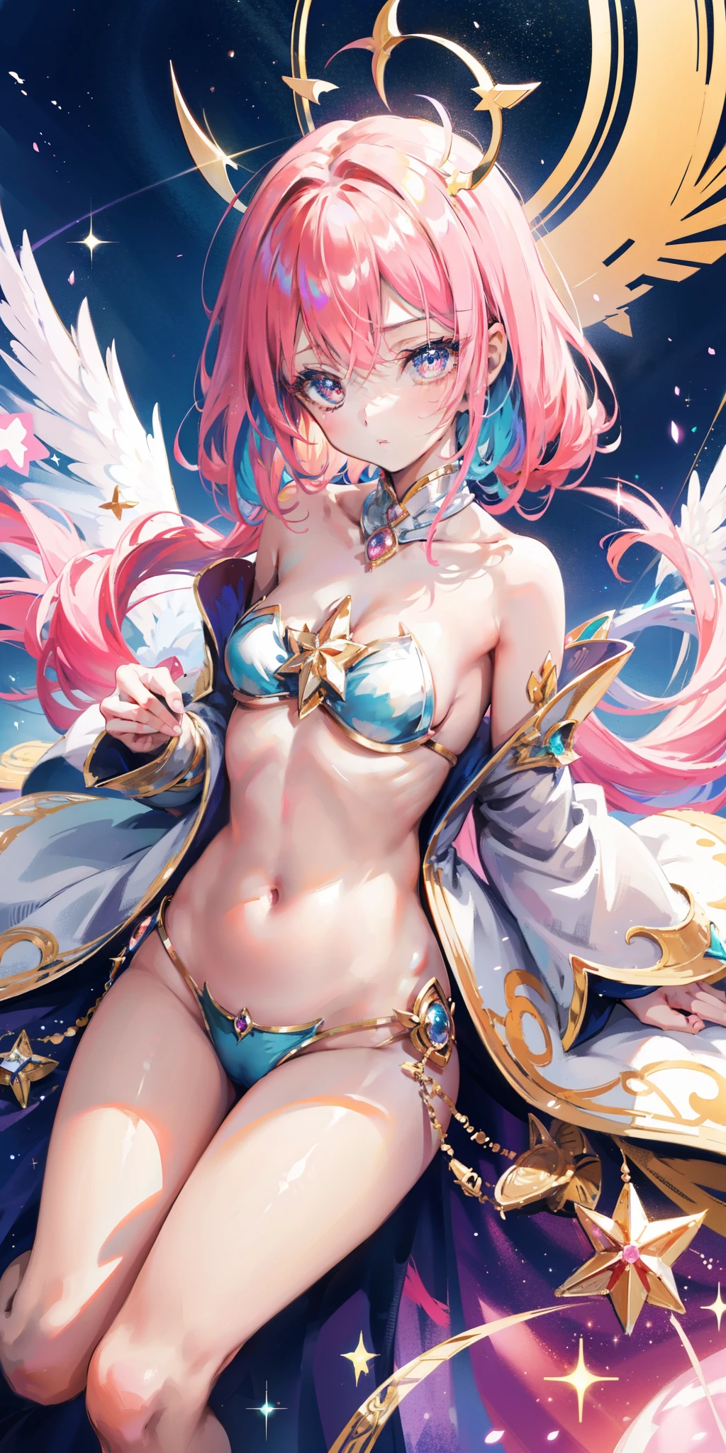 Anime star magic girl, sparkling magic girl, portrait of the magic girl, Beautiful Celestial Mage, magic , anime goddess, celestial magic girl, rich and colorful gradient layered magic costume, (rich and colorful), Fantastic, charming, Small Breasts，open navel，Bare thighs，Camel toe，whole body