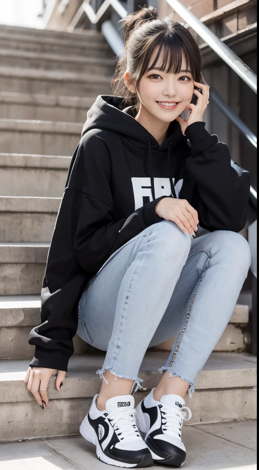 highest quality, Realistic, Very detailed, Finer details, High resolution, 8k wallpaper, One beautiful woman,Sit on the stairs、(Wear black socks)smile、(Beautiful teeth alignment、)(Gums are visible) Oversized hoodie, Skinny jeans,( Black sneakers)、Black Hair、 Beautiful Bangs、ear piercing、Perfect dynamic composition, Beautiful and detailed, Full Body Shot, A big smile
