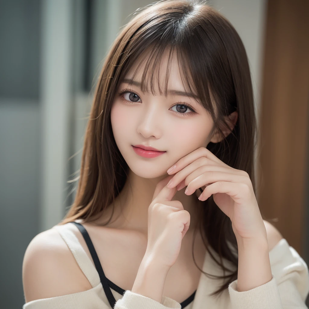 Pieces fly, highest quality, shape, Very detailed, finely, High resolution, 8k wallpaper, 完璧なダイナミックな構shape, Beautiful and beautiful eyes, Random color and design long sleeve off shoulder,Medium Hair,Small breasts,Natural color lip, Bold sexy pose,smile,Modern Office、20-year-old girl、cute、sexy shot looking at camera,Perfect beautiful face and fingers,Take close-up photos of your face,Take a picture of your face only、Blur the background、Anatomical、Physiologically correct body、Beautifully detailed face、Perfect and beautiful double eyelids、Small face