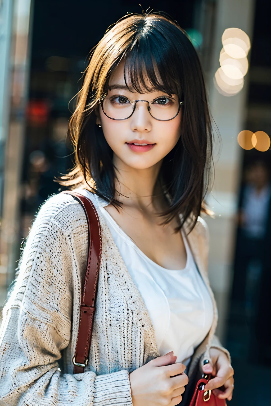 (8k、Raw photo、highest quality、masterpiece:1.2)、(Realistic、Photorealistic:1.37)、Ultra-detailed、超A high resolution、1 girl、Seeing the viewer、Beautifully detailed face、A smile with slightly visible teeth、narrow、(Narrow waist) :1.3)、((Wear a cardigan))、Pastel colored clothes、Beautifully detailed skin、Skin Texture、Floating Hair、((Fluffy Hairstyles))、Shapely large breasts、Professional Lighting、In front of the station at noon、((Black square glasses))、Human whole body、Black Hair、((Carrying a small handbag))、Be aware of your audience、