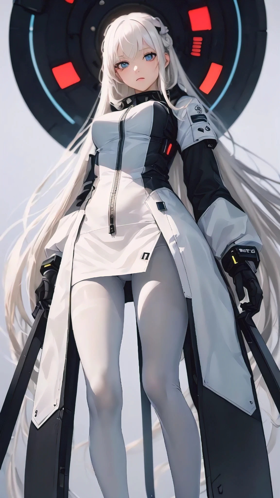 Round Image、(masterpiece:1.3)、(highest quality:1.2)、(Super Fine Illustration:1.2)、(masterpiece)、high resolution、High definition、(SOLO:1.4)、((Round Image))、[(white background:1.1)::5],[(cyber punk:1):5],[(Game character portrait:1.2):5],{1 Girl},{solo},(((whole body))), {{{Only 5 fingers}}}、((white))Long Hair((Yellow and(white)Edge))、Long Hair、whole body、pantyhose、Line of sight、From below、Light blue eyes、cyber punk、{Hide hands}、{{{Put your hands in your pockets}}}、{{Put your hands in your sleeves}}