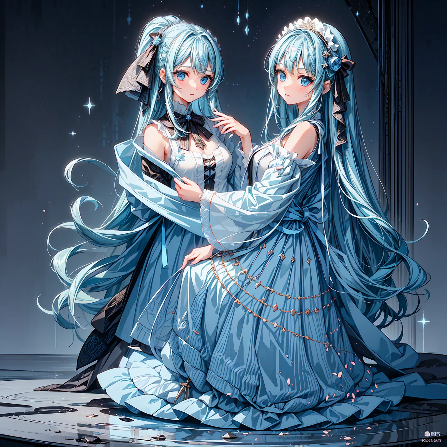 ((Highest quality)),(Ultra-high resolution),A dress with a flared skirt made of deep blue roses,High neck、Highly detailed CG Unity 8k wallpaper, , Earrings, Blue hair, Curly Hair, Blunt bangs, Straight bangs, Blue eyes, White skin, Gal, Improve、Her flat chest is hidden by her dress、Reduce exposure
