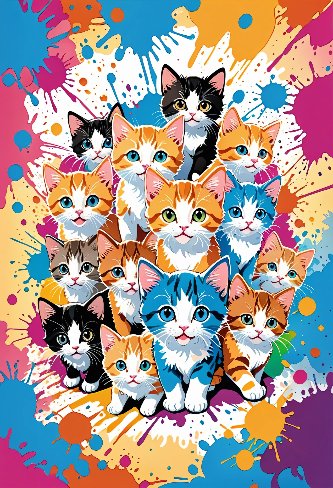 Vector Art, Colorful illustration with lots of kittens, In the center, Vibrant colors, Paint splatters and stains, High Detail,Hawaiian style background
