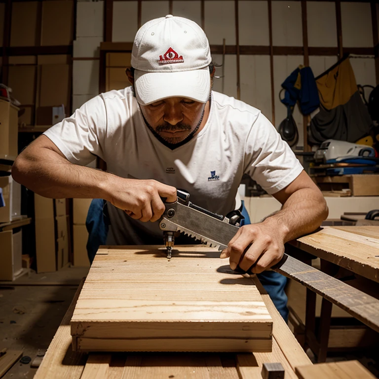 Homem, carpenter profession, working with a saw machine, serrando uma chapa de MDF