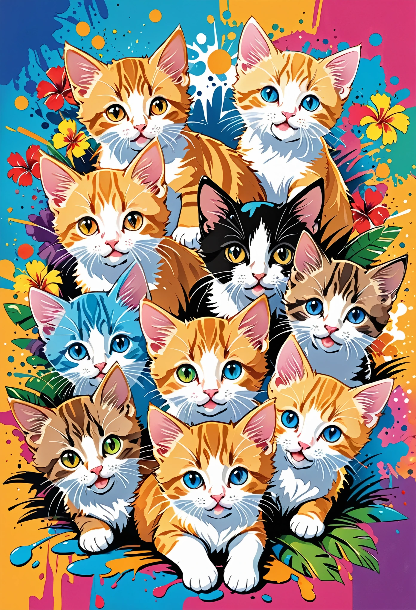 Vector Art, Colorful illustration with lots of kittens, In the center, Vibrant colors, Paint splatters and stains, High Detail,Hawaiian style background