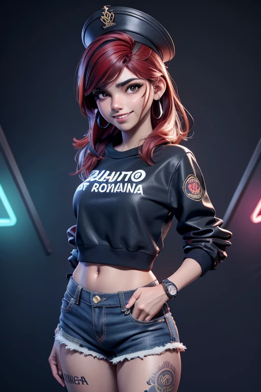 1 chica, hermoso, sonrisa afectada, luciendo un sombrero, pendientes, rojo camo sweatshirt, rojo_shorts cortos, pelo largo, By the chestnut, mask, labios de la nariz, de pie, diafragma, naval, pendientes, (realista:1.5), ciberpunk, neon city, neon lights, 3D, cgi, volumetric lighting