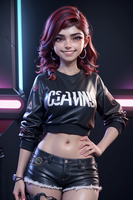 1 chica, hermoso, sonrisa afectada, luciendo un sombrero, pendientes, rojo camo sweatshirt, rojo_shorts cortos, pelo largo, By the chestnut, mask, labios de la nariz, de pie, diafragma, naval, pendientes, (realista:1.5), ciberpunk, neon city, neon lights, 3D, cgi, volumetric lighting