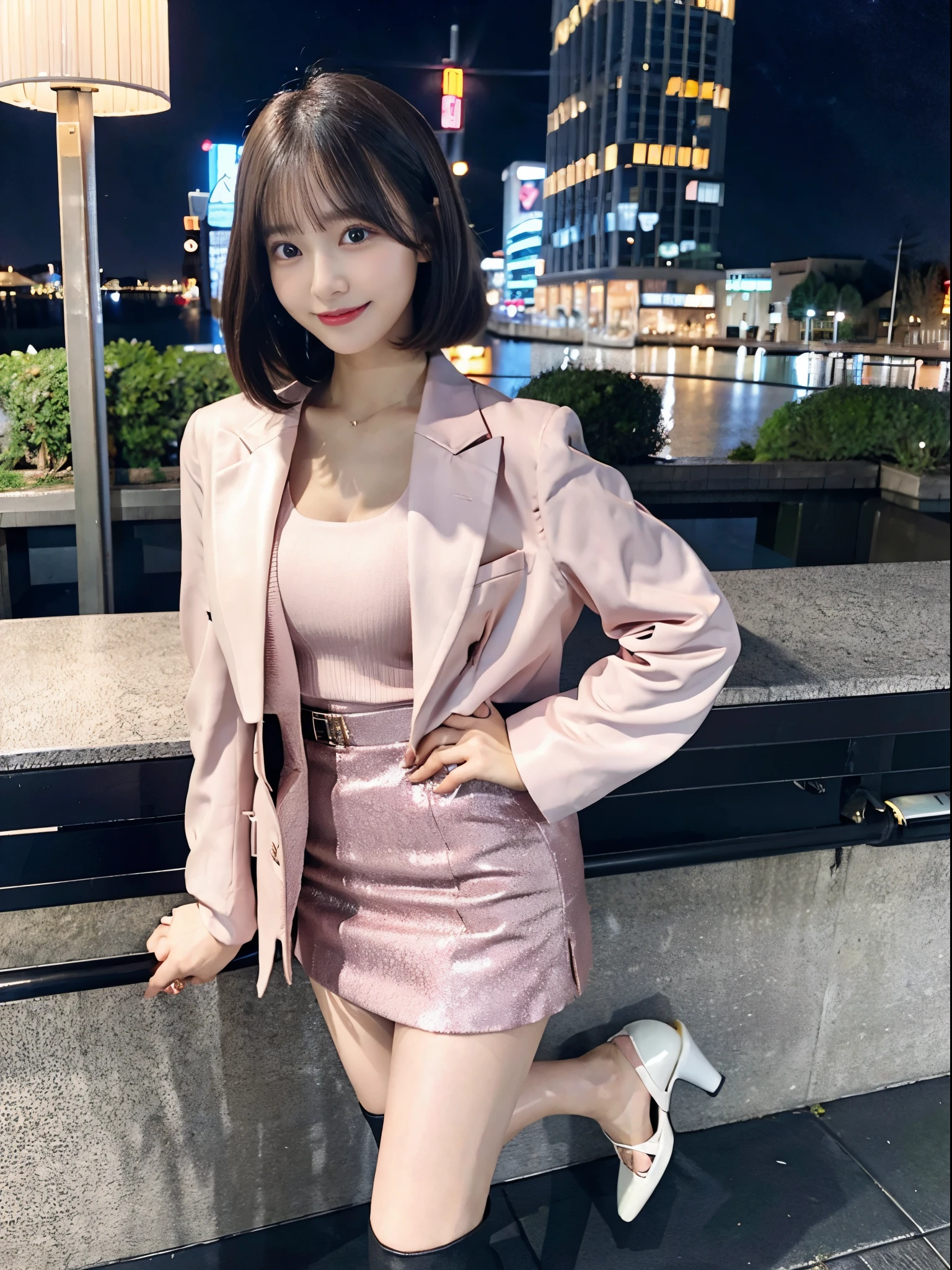 (Very very short hair)、Brown eyes、Big Eyes、night、night景、Light pink jacket、Short skirt、beauty secretary、(Very large breasts、Very thin and long legs、Perfect figure、High heels、whole body、Big smile)、1 female、No makeup、17 years old、(masterpiece、8K,RAW Photos、High resolution:1.4)