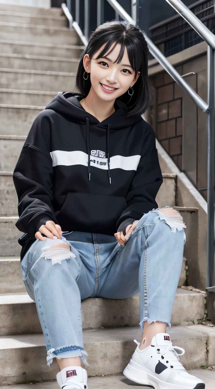 highest quality, Realistic, Very detailed, Finer details, High resolution, 8k wallpaper, One beautiful woman,Sit on the stairs、(Wear black socks)smile、(Beautiful teeth alignment、)(Gums are visible) Oversized hoodie, Skinny jeans,( Black sneakers)、Black Hair、 Beautiful Bangs、ear piercing、Perfect dynamic composition, Beautiful and detailed, Full Body Shot, A big smile