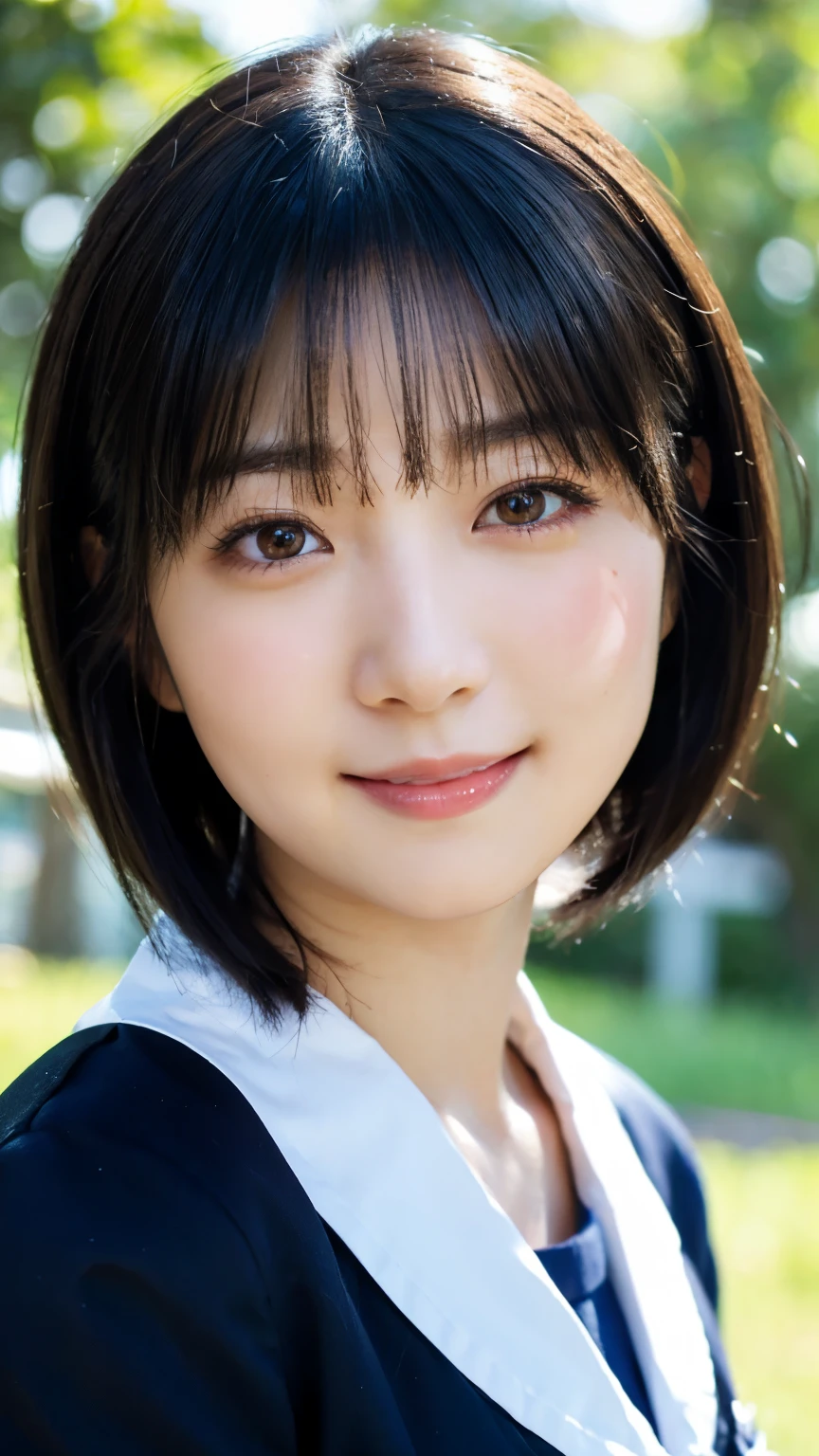 (highest quality,masterpiece:1.3,Ultra-high resolution),(Very detailed,Caustics,8k),(Realistic:1.4,RAW shooting),1 girl,18-year-old,cute,Japanese,Black short bob,(school uniform),(Look at me with a smile),morning,blue sky,sun,Natural light,School Playground,(Front shot),Face Focus,Face close-up,Bust up shot,Low position,Low Angle
