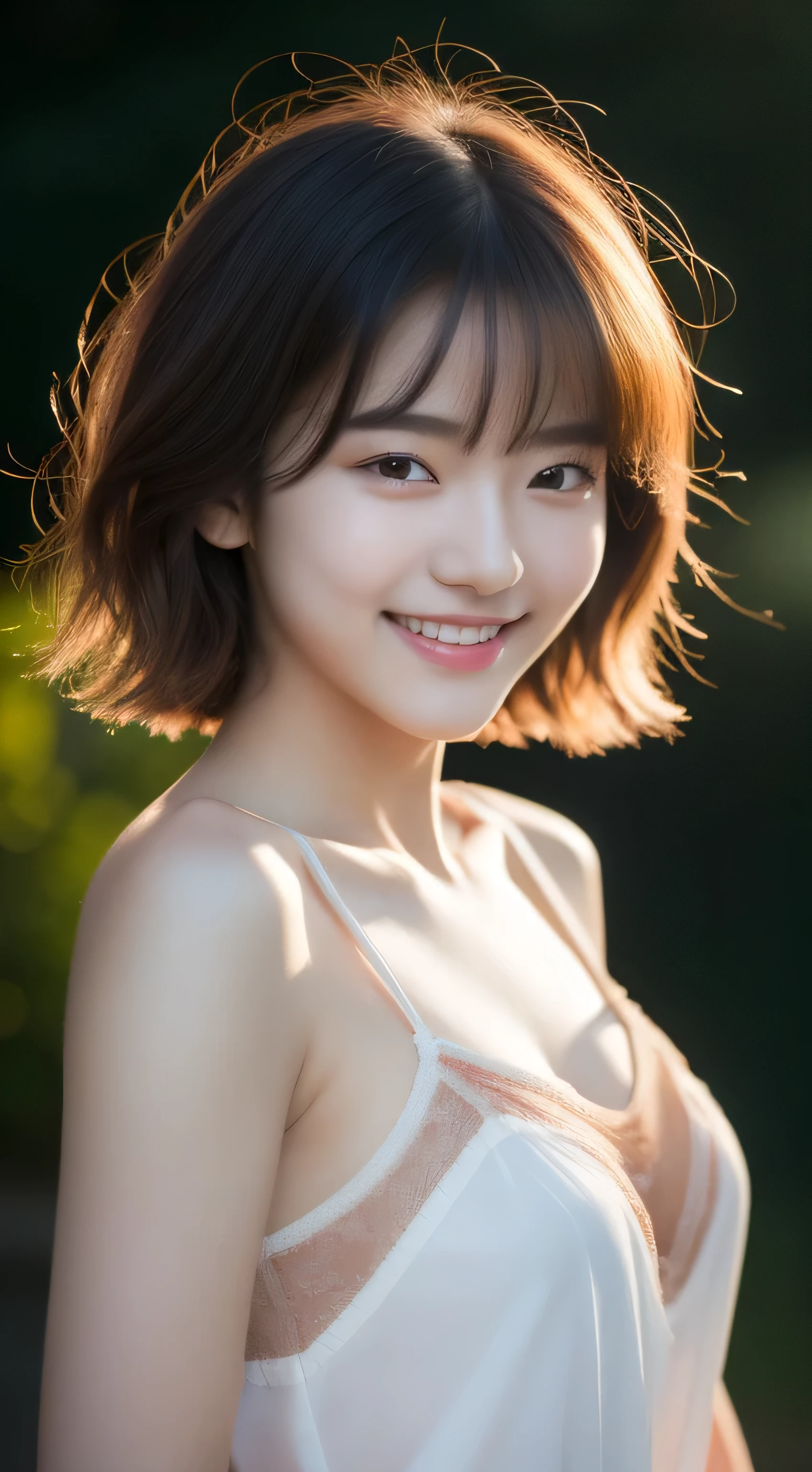 (original photography), (realism), (masterpiece), (top quality), high resolution, 16k resolution, 1 cute real photo of Korean stars,18 years old,short hair,messy hair,White skin, Light makeup, Bust 32 inches, Smile, Wearing a camisole, In the Japanese Garden, Sunset lights, Close-up portrait, Ultra HD