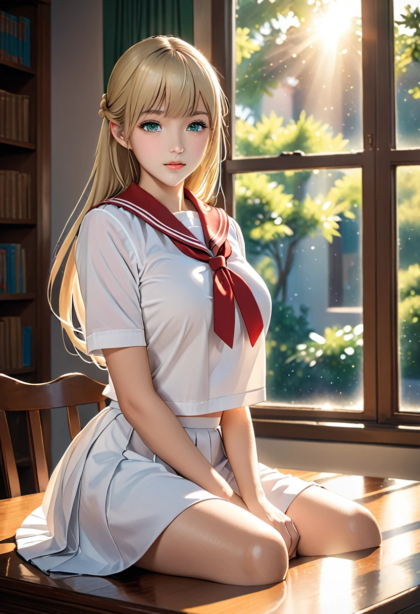 ((masterpiece,highest quality, High resolution)), One girl, alone, Green Eyes, Long blonde hair tied with a blue ribbon, Blunt bangs, Sitting, Arms folded on the table, Sleep arm in arm, , white serafuku, Red Sailor Collar, Short sleeve, White pleated skirt, (In the library), Dramatic Light, Next to the window, afternoon light through the window, afternoon, Bokeh effect