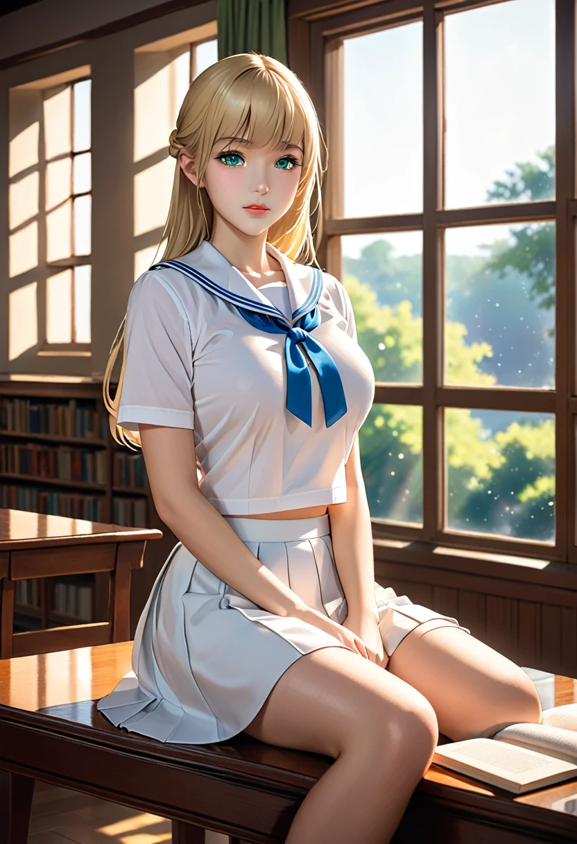 ((masterpiece,highest quality, High resolution)), One girl, alone, Green Eyes, Long blonde hair tied with a blue ribbon, Blunt bangs, Sitting, Arms folded on the table, Sleep arm in arm, , white serafuku, Red Sailor Collar, Short sleeve, White pleated skirt, (In the library), Dramatic Light, Next to the window, afternoon light through the window, afternoon, Bokeh effect