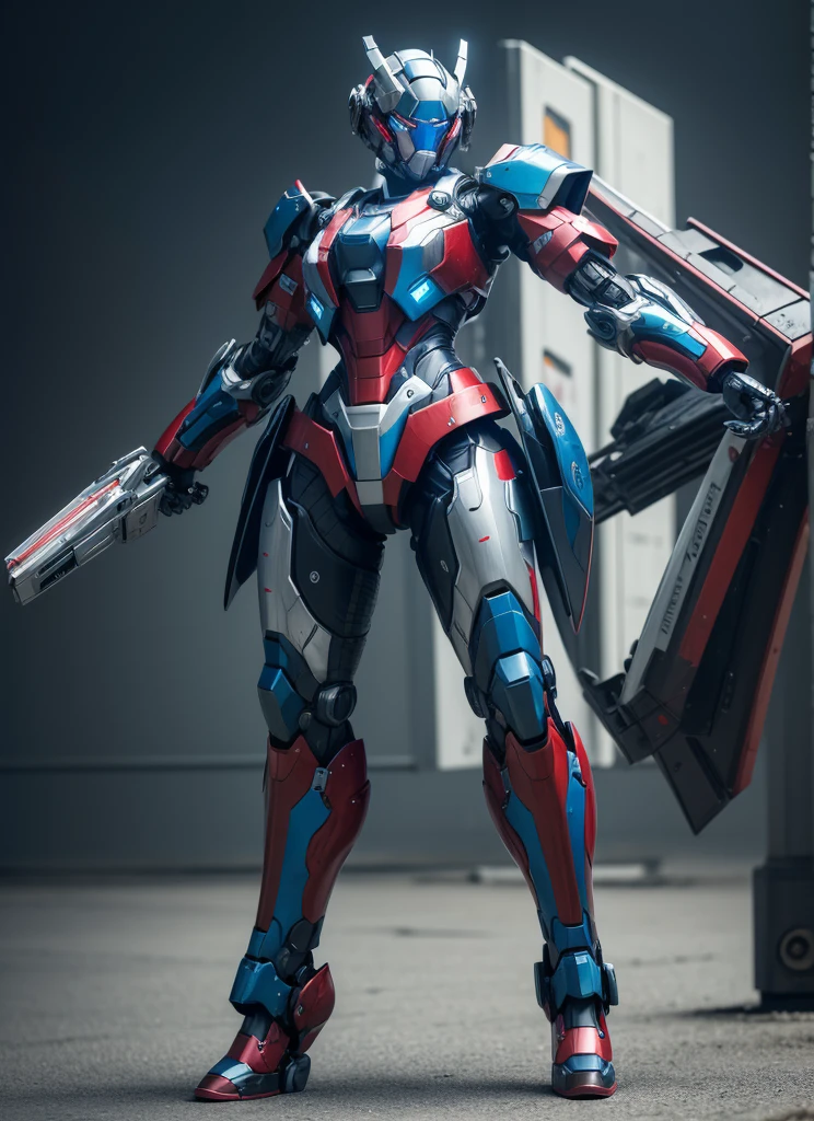 textured skin, Super Detail, High Detail, high quality, best quality, high resolution, 1080p, Hard Drive, fair,(Iron Patriot),(Headgear),(Full Body Love),Beautiful robot woman,Mecha Girl,Battle Mode,Mecha Girl,She wears a futuristic Iron Patriot mech,full-body shot