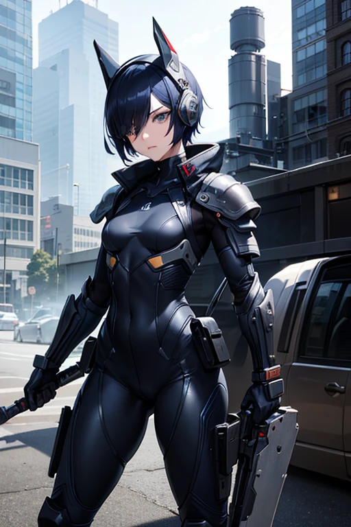 Dark blue hair,short hair,neutral,boyish,Hiding one eye,slender,Rin々A funny face,Powered Suit,Reinforced Suit,Black suit,mechanical,Science fiction,Black sleeveless coat,With a sword,headgear,Small breasts,Small breasts,Flat Chest,tall,Slightly muscular,Handsome,The innerwear is a bodysuit,Armament,Pilot Suit,Hard boots,armor,Carrying a rifle,Chest protector,Protector on shoulder,I put on a coat,Waist device,1 person