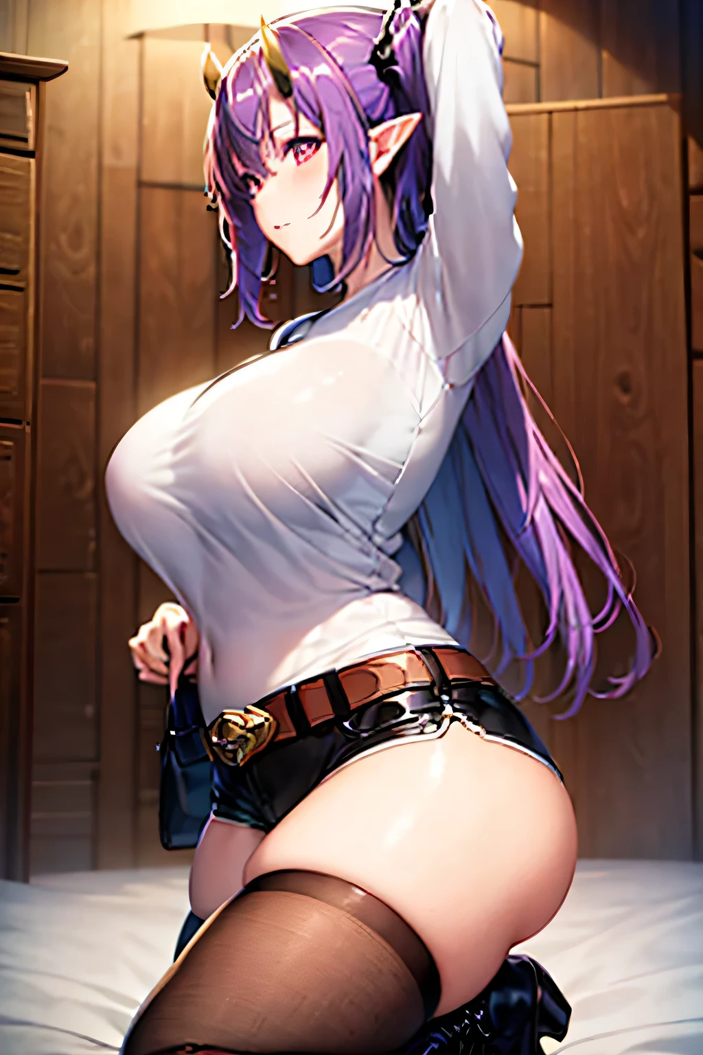 (masterpiece:1.2), best quality, high resolution, unity 8k wallpaper, (illustration:0.8), (beautiful detailed face:1.2, beautiful detailed eyes:1.2), perfect lighting, extremely detailed CG, (perfect hands, perfect anatomy), Cute, beautiful, charming lady, shiny hair, lustrous skin, beautiful light big eyes, milf, married woman, soft With a gentle appearance and a gentle mother-like atmosphere, Feminine style, beautiful kubire, beautiful, naughty face, leviathan_a, long hair, purple hair, straight hair, short high side ponytail, horns, pointy ears, red eyes, large breasts, white shirt, shirt, belt, short shorts, black shorts, thighhighs, striped thighhighs, boots, black boots,
