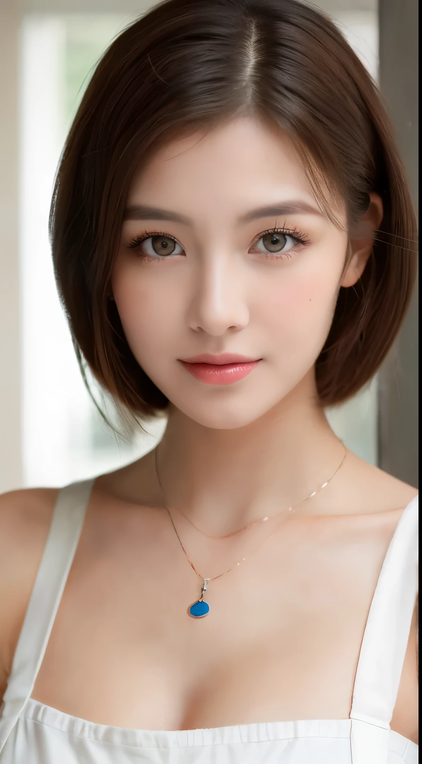(highest quality, 8k, masterpiece: 1.3), Beautiful woman with perfect figure: 1.2, Dark brown hair, Wearing a pendant, Wearing an apron, In the kitchen, Highly detailed face and skin, Beautiful Eyes, double eyelid, Big Breasts