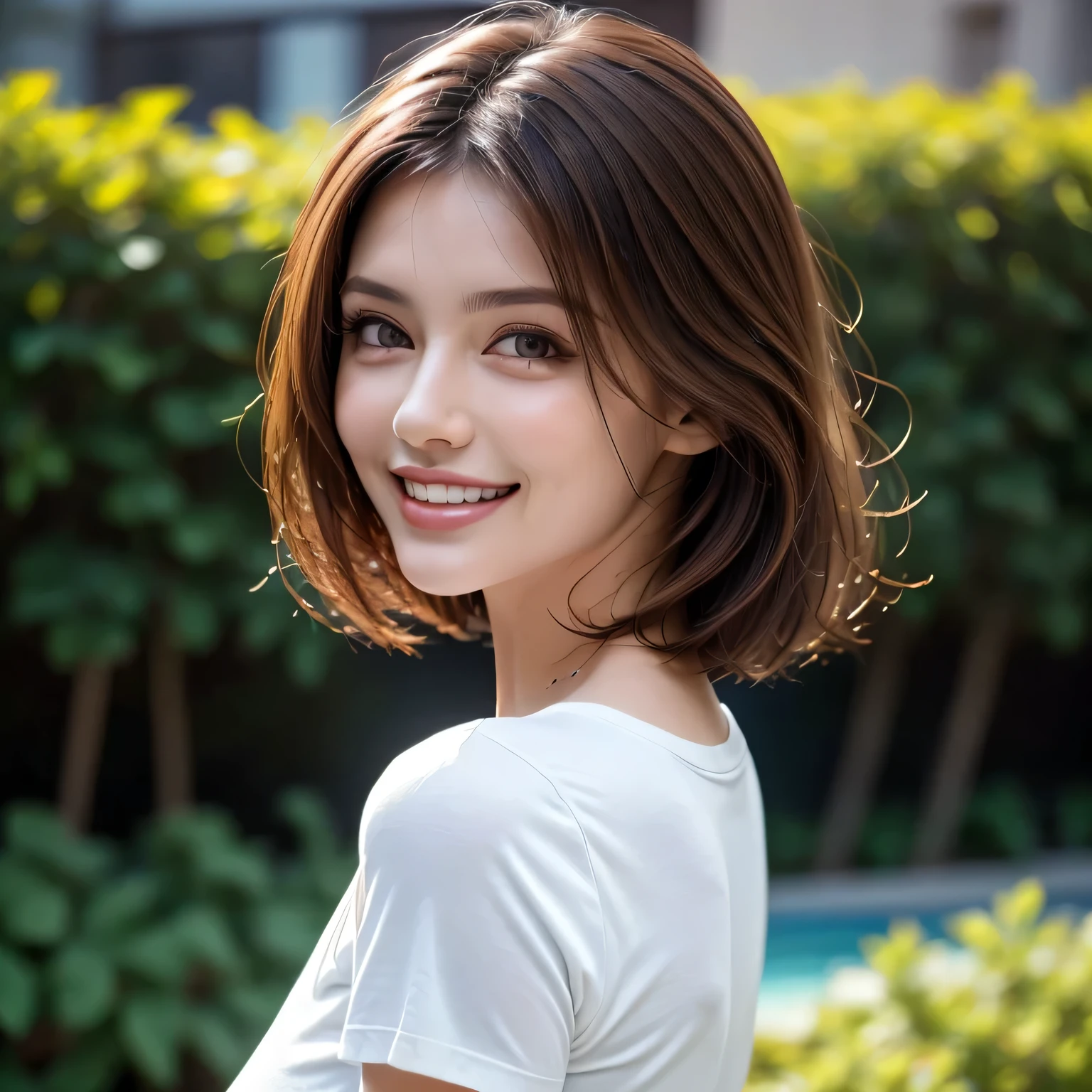(8k, RAW Photos, highest quality, masterpiece, Realistic, Realistic), (1 female), (Ultimate beauty), Highly detailed face, (Perfect Teeth), Beautiful Eyes, double eyelid, eyelash, smile, Lip details, Brunette Bob, The light shines on your face, Big Breasts, ((T-Shirts)), (Upper Body), (background: garden), ((Written boundary depth))