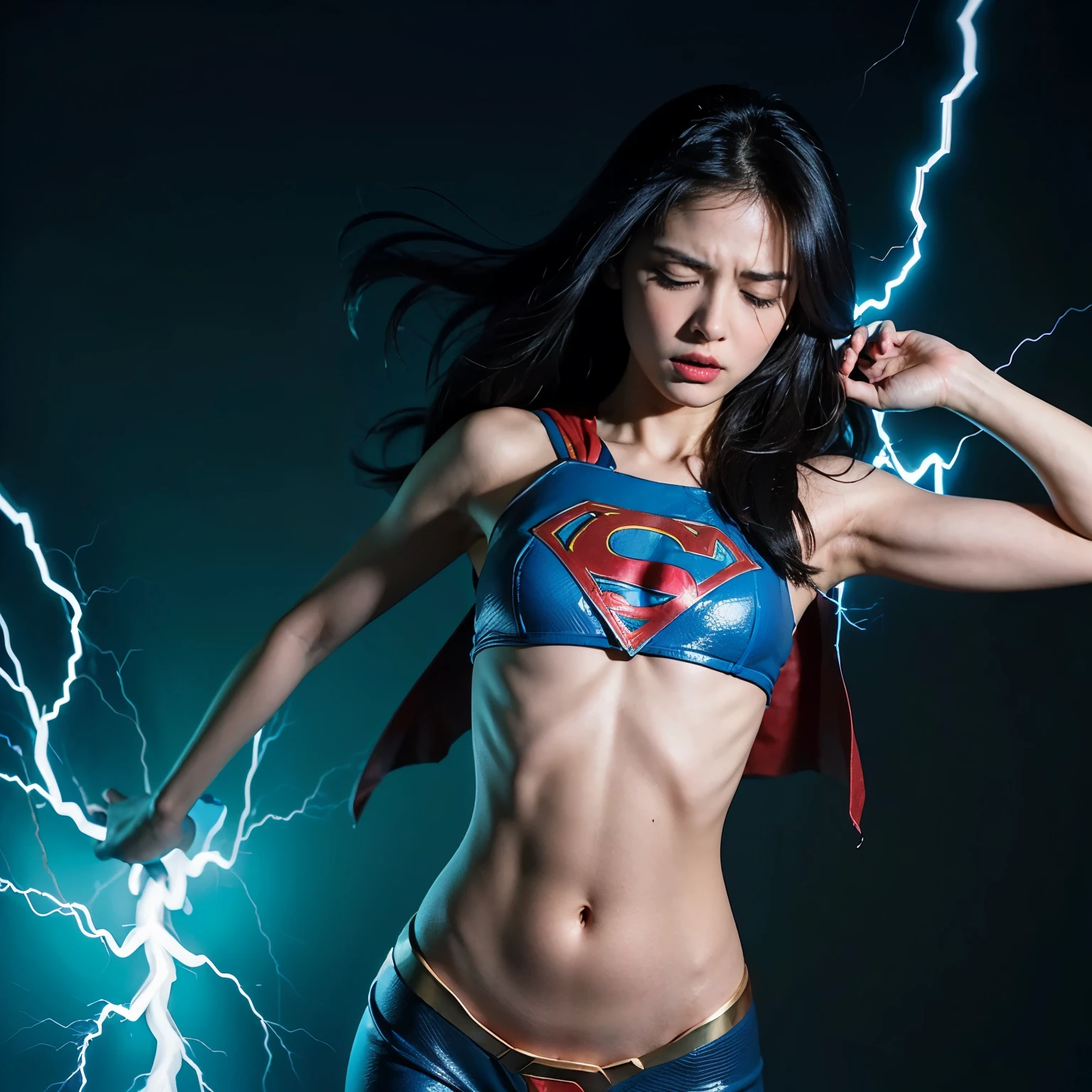 Supergirl、(正確なSupergirlの衣装:1.6)、拘束されたSupergirl、Crucifixion、Electric shock torture、(A strong electric shock runs through my lower body.:1.6)、Expressions of pain、(Electric shock to the pussy:1.8)、(Close ~ eyes:1.6)、Pleasure、Climax、Acme、Cramp、(Violent electric shock in the abdomen:1.3)、