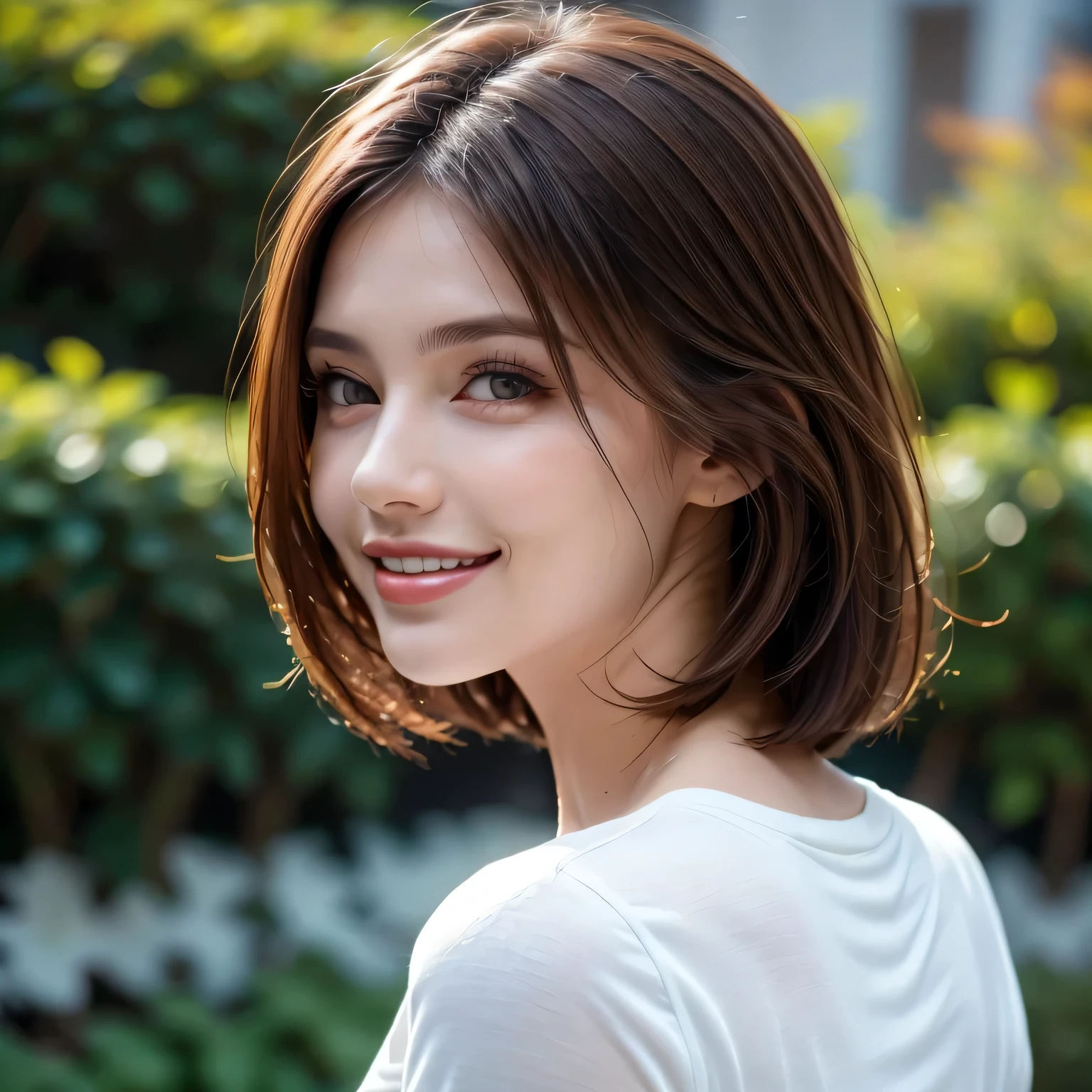 (8k, RAW Photos, highest quality, masterpiece, Realistic, Realistic), (1 female), (Ultimate beauty), Highly detailed face, (Perfect Teeth), Beautiful Eyes, double eyelid, eyelash, smile, Lip details, Brunette Bob, The light shines on your face, Big Breasts, ((T-Shirts)), (Upper Body), (background: garden), ((Written boundary depth))