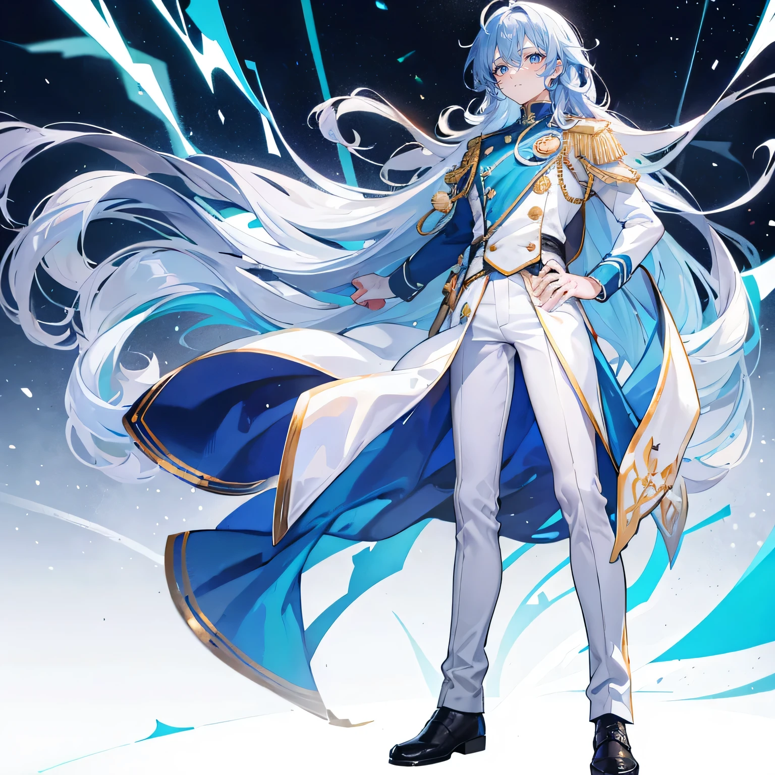 Blue long hair,Curly Hair,Ahoge,Beautiful boy,uniform,White trousers,boots,,student,The background is white,male,whole body,Standing with his arms crossed