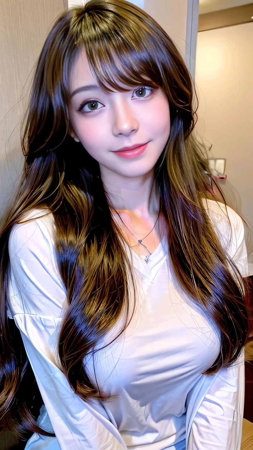 Full Body Angle、((highest quality, 8K, masterpiece: 1.3)), concentrated: 1.2, Cute girl 1,Nipples erect、 Perfect beauty: 1.4,Crisscross V-neck T-shirt, Casual summer short sleeve t-shirt: 1.2,Long sleeve、Randall Color、comics&Text Graphics、Black ruffle-trimmed drawstring zip blouse,1.1, Highly detailed face and skin textures, Fine grain, double eyelid, whitening skin, ,highest quality,Ultra-high resolution,you,1 girl,alone,_Shiny_skin,Iris,necklace,((Brown_length_Wavy_hair)),(lips)),eyelash,Front hair,deal with,compensate,Shiny,pore,skin texture,Large Breasts、smiling face、Front hair、