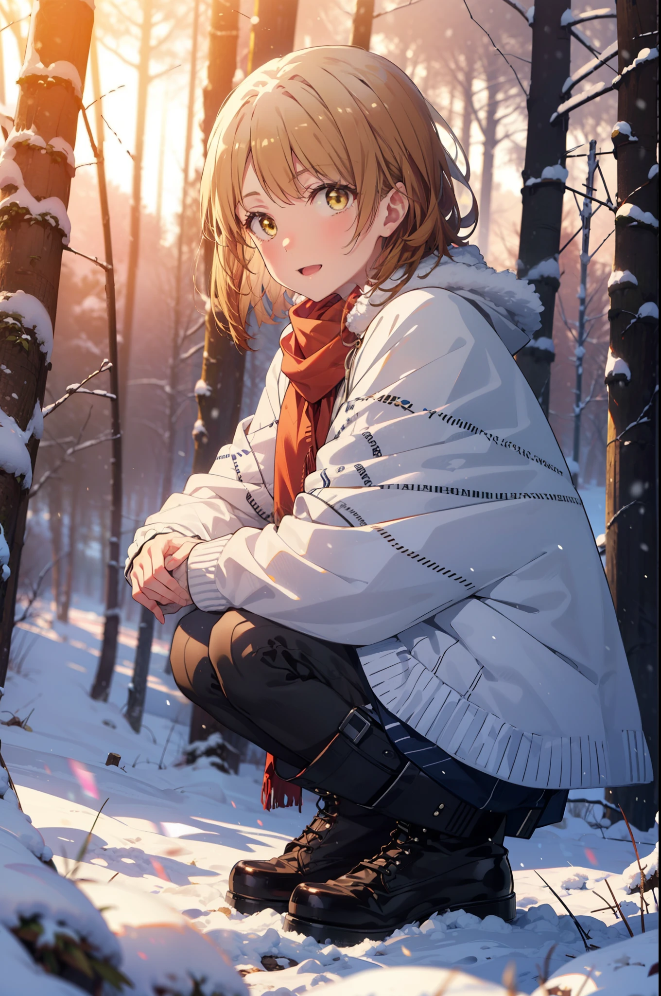 irohaisshiki, Iroha Isshiki, short hair, Brown Hair, (Brown eyes:1.5), smile,
Open your mouth,snow, Ground bonfire, Outdoor, boots, snowing, From the side, wood, suitcase, Cape, Blurred, forest, nature, Brown eyes, Red Handbag, Squat, Mouth closed, Cape, winter, Written boundary depth, Black shoes, red Cape break looking at viewer, Upper Body, whole body, break Outdoor, forest, nature, break (masterpiece:1.2), highest quality, High resolution, unity 8k wallpaper, (shape:0.8), (Beautiful and beautiful eyes:1.6), Highly detailed face, Perfect lighting, Extremely detailed CG, (Perfect hands, Perfect Anatomy),