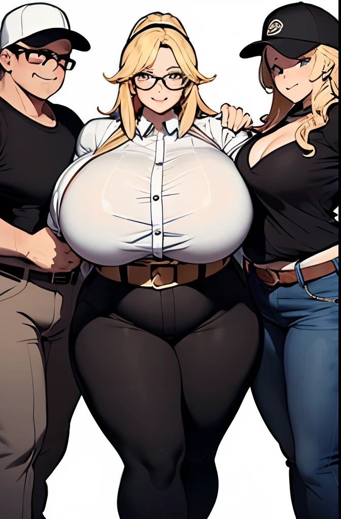 three extremely fat and large women, huge bust, 300 pounds, black pants, massive stomach, lovehandles, smiling, bbw, plus size woman, belt, obese, hand on shoulder, wearing a baseball cap, voluptuous body, wearing glasses, hand on chest, fatrolls, white bra, ponytail, white shirt, blonde hair