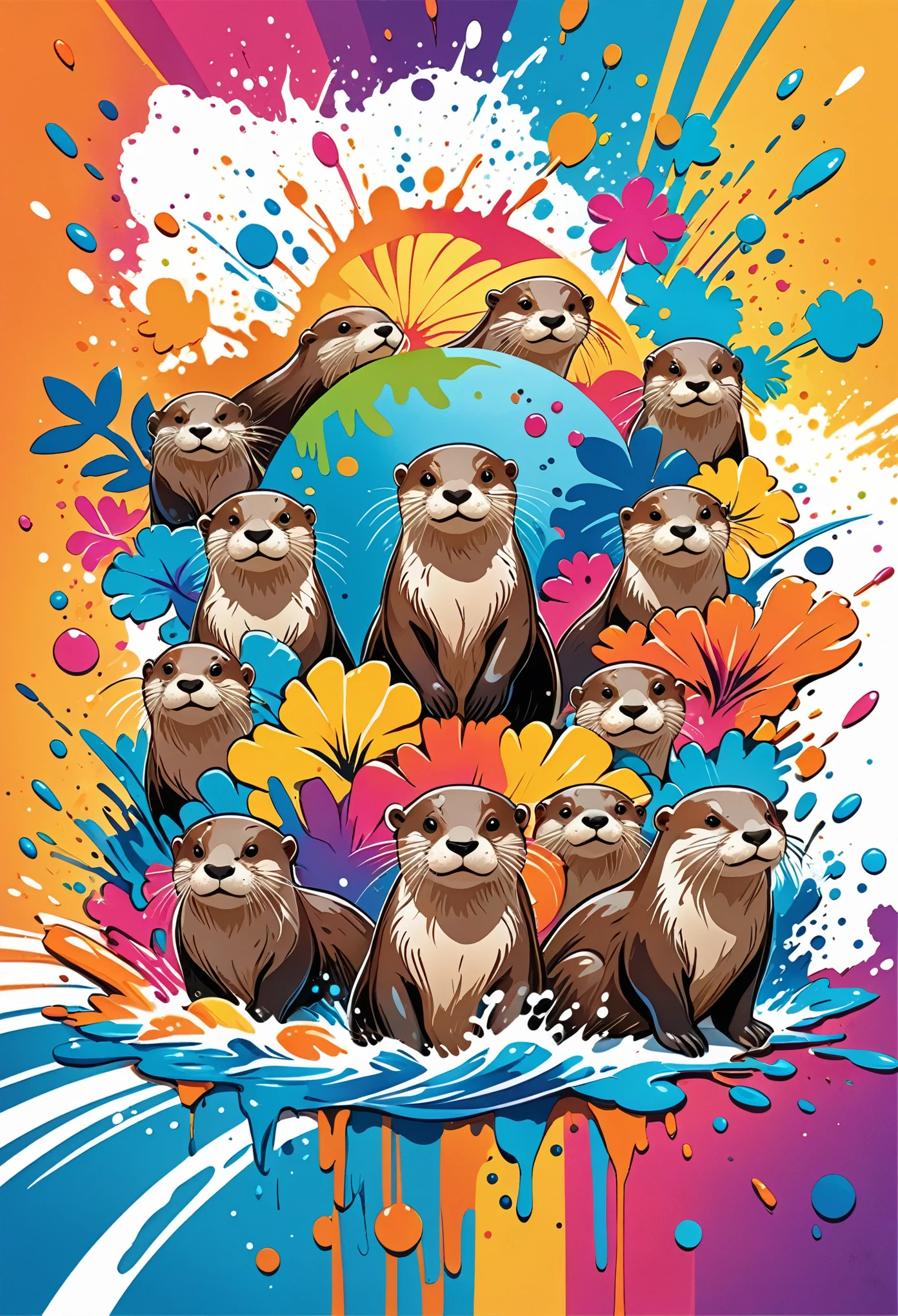 Vector Art, Colorful illustration with lots of otters, In the center, Vibrant colors, Paint splatters and stains, High Detail,Hawaiian style background
