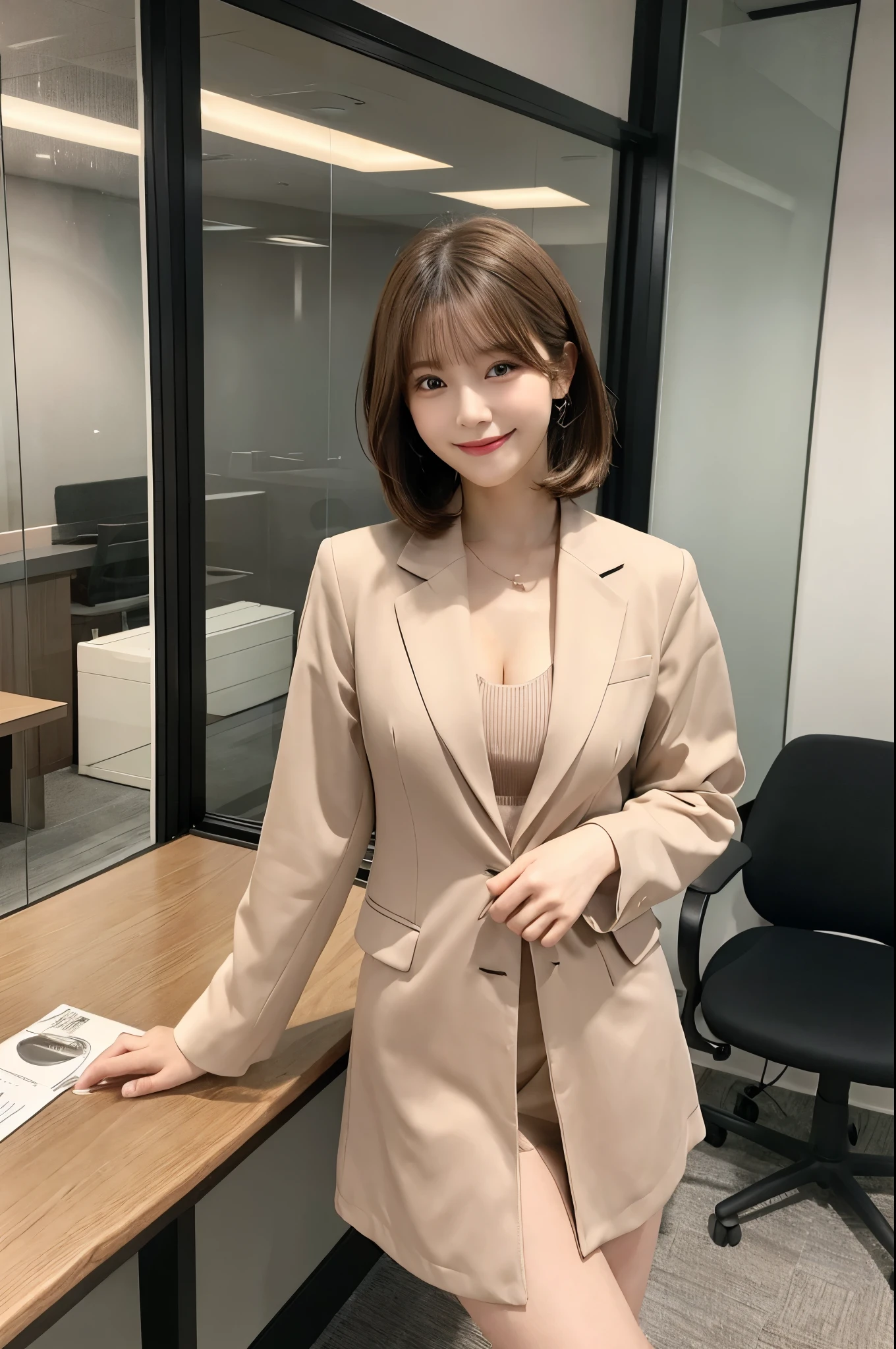 Very short hair、noon、window、Office chair、Meeting room background、Jacket、Light brown hair、Peach-colored suit、Transparent inner、Short skirt、beauty secretary、（Very large breasts、Very thin and long legs、Perfect figure、High heels、whole body、Big smile）、1 female、No makeup、17 years old、（masterpiece、8K,RAW Photos、High resolution:1.4）
