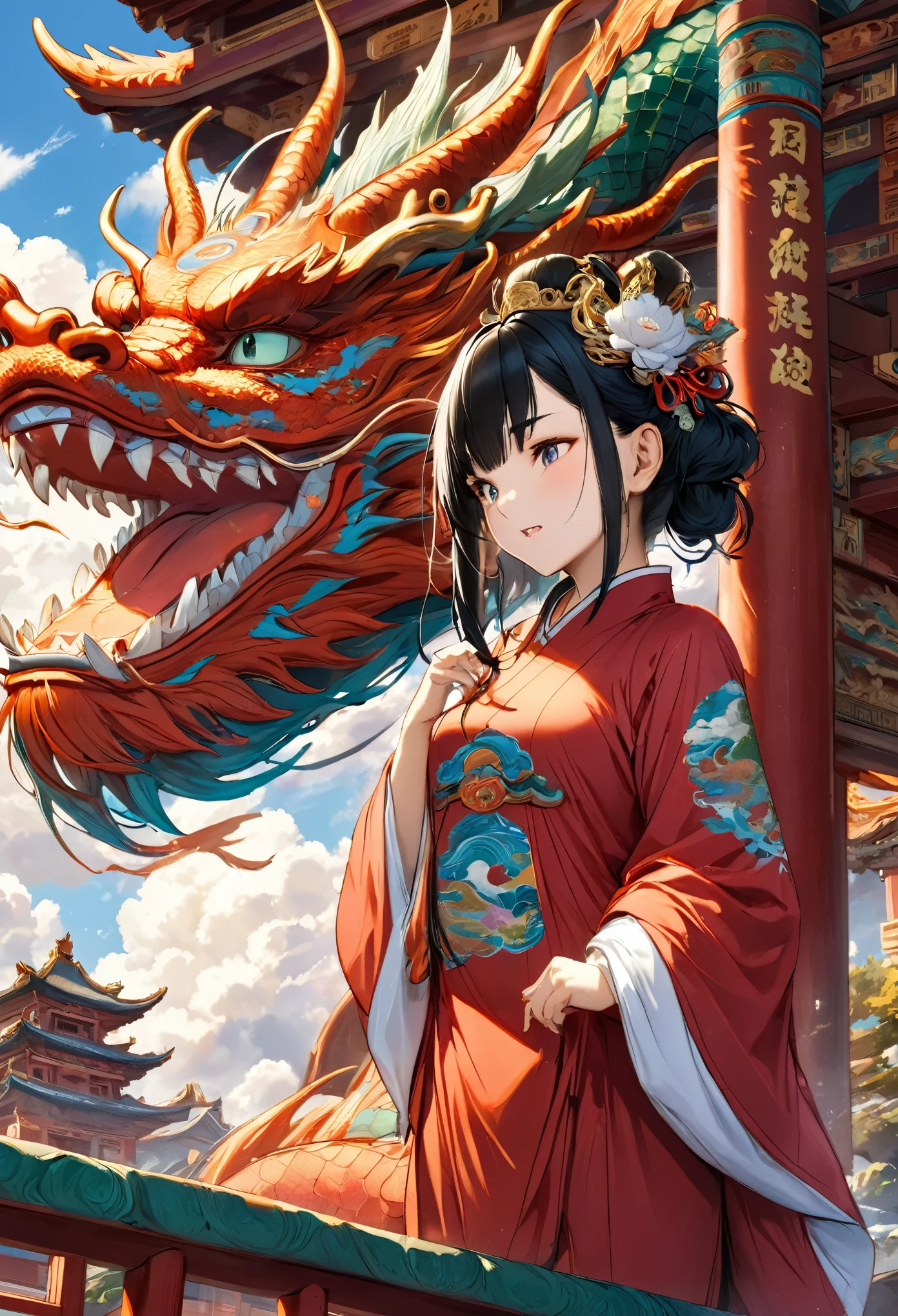 (masterpiece, best quality:1.2), bite_style,1 person,girl,Divine bit,dragon,cloud,Temple,cartoon