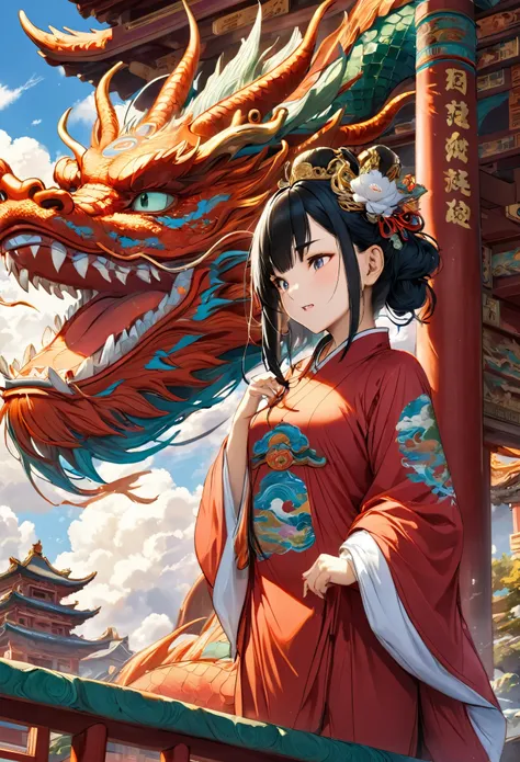 (masterpiece, best quality:1.2), bite_style,1 person,girl,divine bit,dragon,cloud,temple,cartoon