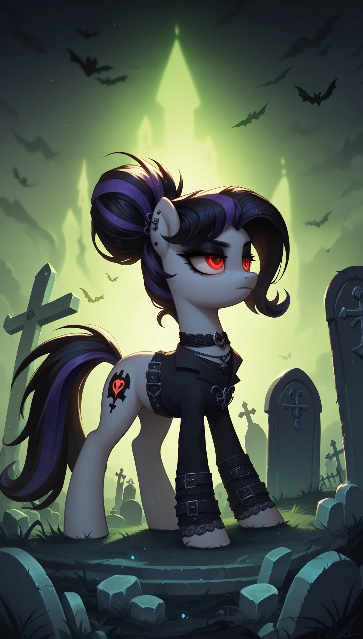 score_9,score_8_up,score_7_up,score_6_up, Gothic pony, goth fashion, glowing backlight, graveyard scene, glitter, whimsical, enchanted, magical, fantasy art concept, intricate details,