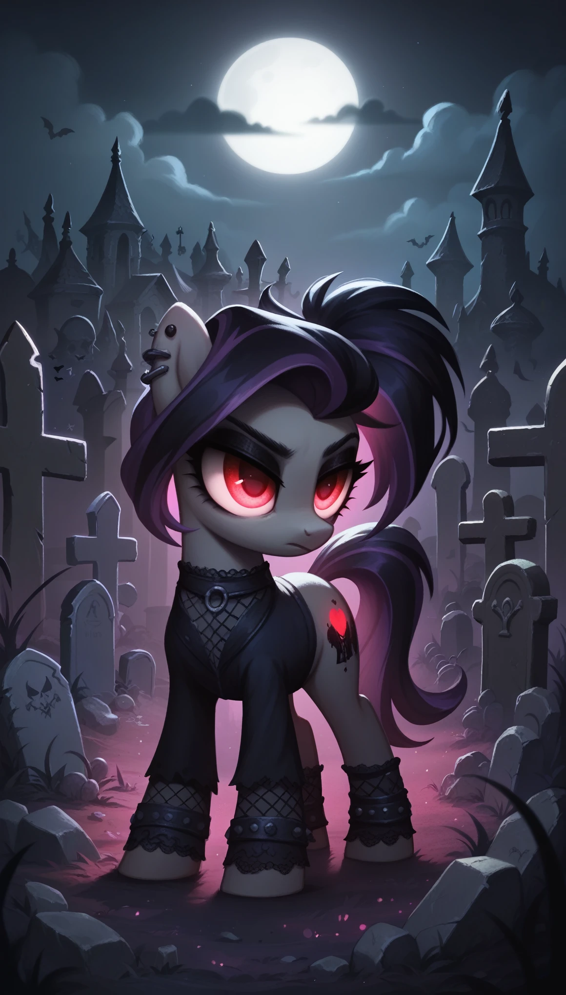 score_9,score_8_up,score_7_up,score_6_up, Gothic pony, goth fashion, glowing backlight, graveyard scene, glitter, whimsical, enchanted, magical, fantasy art concept, intricate details,