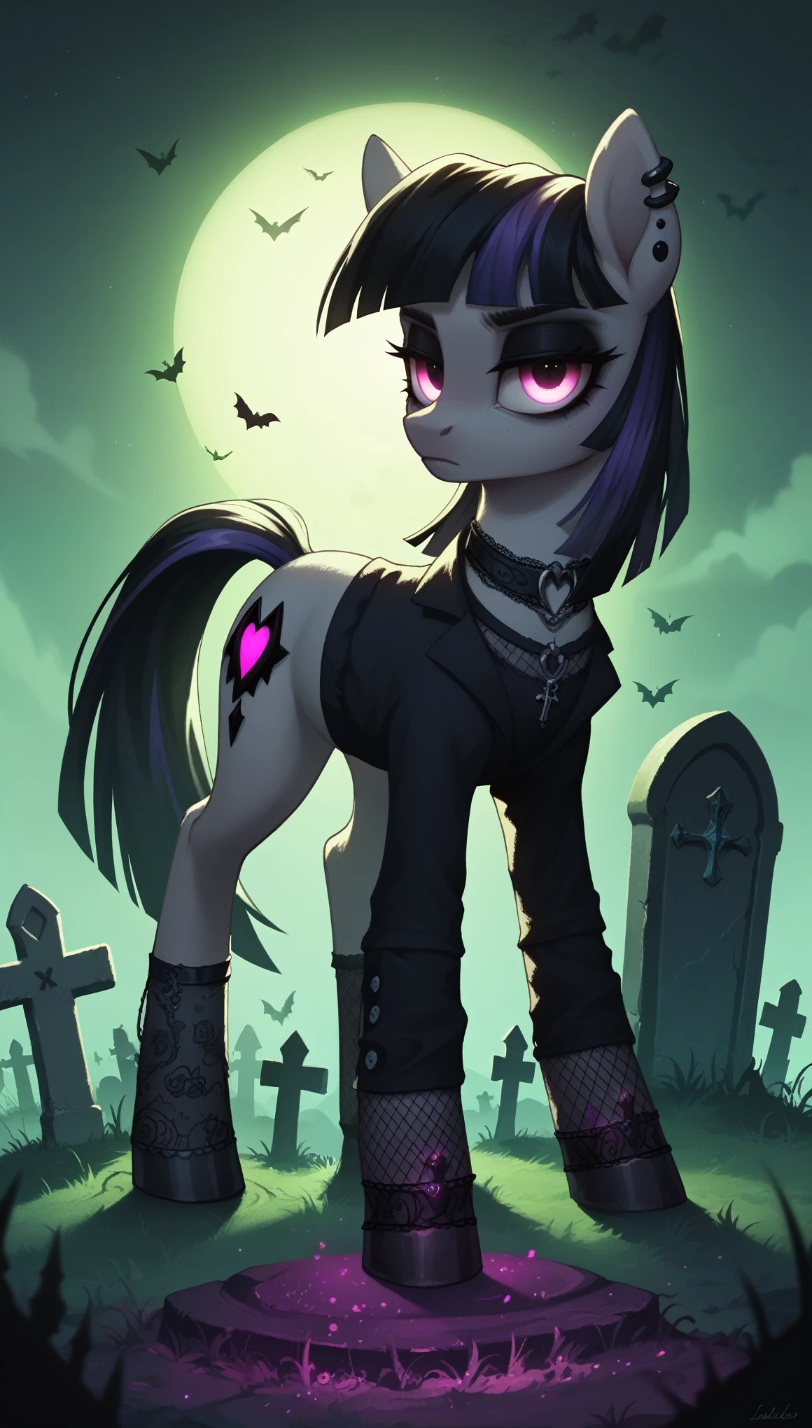 score_9,score_8_up,score_7_up,score_6_up, Gothic pony, goth fashion, glowing backlight, graveyard scene, glitter, whimsical, enchanted, magical, fantasy art concept, intricate details,