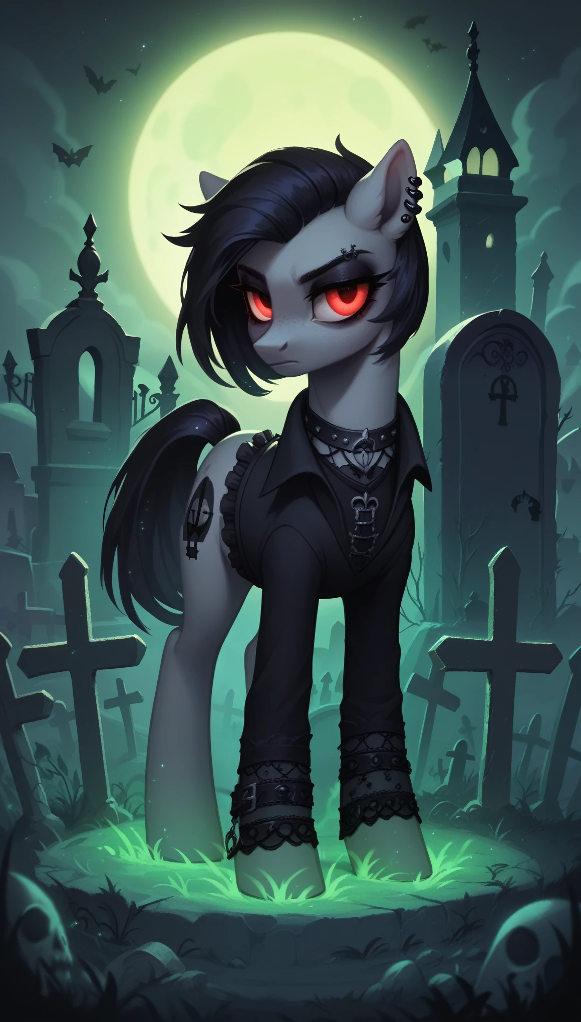 score_9,score_8_up,score_7_up,score_6_up, Gothic pony, goth fashion, glowing backlight, graveyard scene, glitter, whimsical, enchanted, magical, fantasy art concept, intricate details,