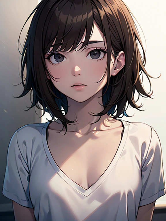 masterpiece,High resolution,solo,High-definition CG Unity 8K,realistic,RAW photo,1 girl,(White V Neck T-Shirt),Accurate, anatomically correct, symmetrical eyes,(black eye),(small breasts),light brown hair,(very short hair),(messy hair),(asymmetrical bangs),(dramatic angle:1),(black eyes),(white background:1),
