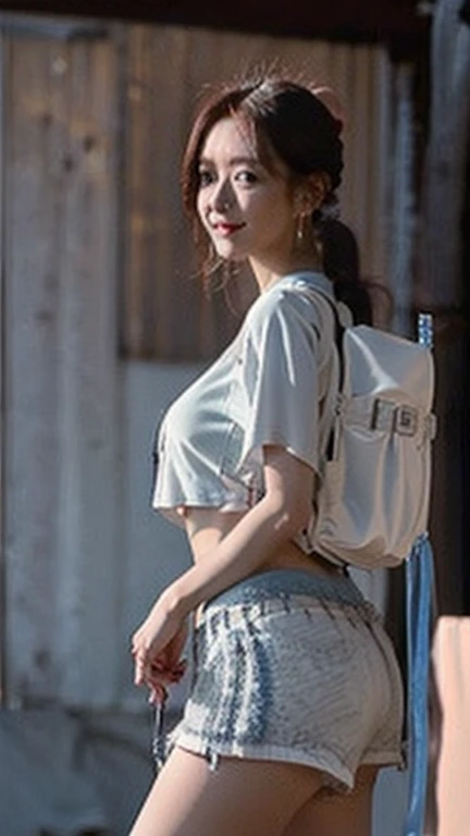 (High resolution 8K),( highest quality), Very detailed, (masterpiece:1.3), Realistic, Very detailedなかわいい女の子,( Age 25),((Nature landscape photography;Mountaineering)), (From the whole body に the にes:1.3),(Side Shot:1.3),(Cowboy Shot:1.3),(Natural pose),(Ample breasts),(Big Breasts),(Big Ass),(Smiling at the camera),((Smiling while looking at the camera) ),(Full Body Shot:1.3) ,((From the side 1.3),(ponytail),(phoにRealistic:1.3),((White crop top:1.1)),((White fabric shorts)),((Holding a SLR camera in your hand)),(Mountaineeringに最大限に活用できるハーネス),((Big blue backpack))