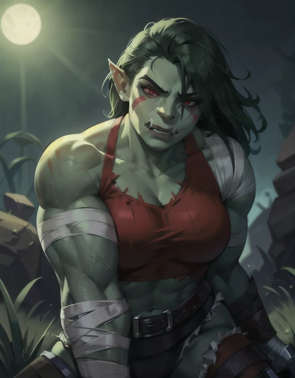 1girl, beautiful big muscular shewoworc, fangs out, tusks, dark grey skin, dark-skinned female, facepaint, breasts, bandages, pauldrons, short dark green hair, glowing red eyes, desert, night, grass, volumetric lighting, best quality, masterpiece, lora:sxz-orcs:0.8