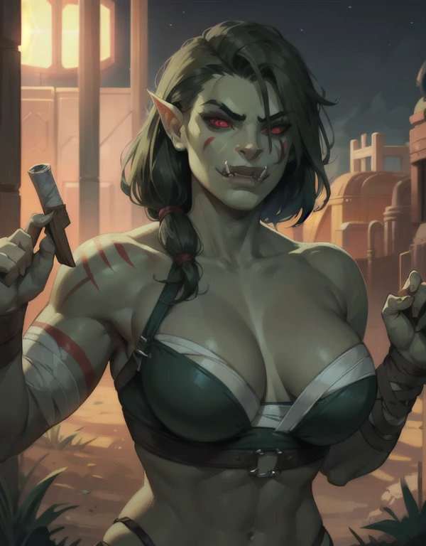 1girl, beautiful big muscular shewoworc, fangs out, tusks, dark grey skin, dark-skinned female, facepaint, breasts, bandages, pauldrons, short dark green hair, glowing red eyes, desert, night, grass, volumetric lighting, best quality, masterpiece, lora:sxz-orcs:0.8