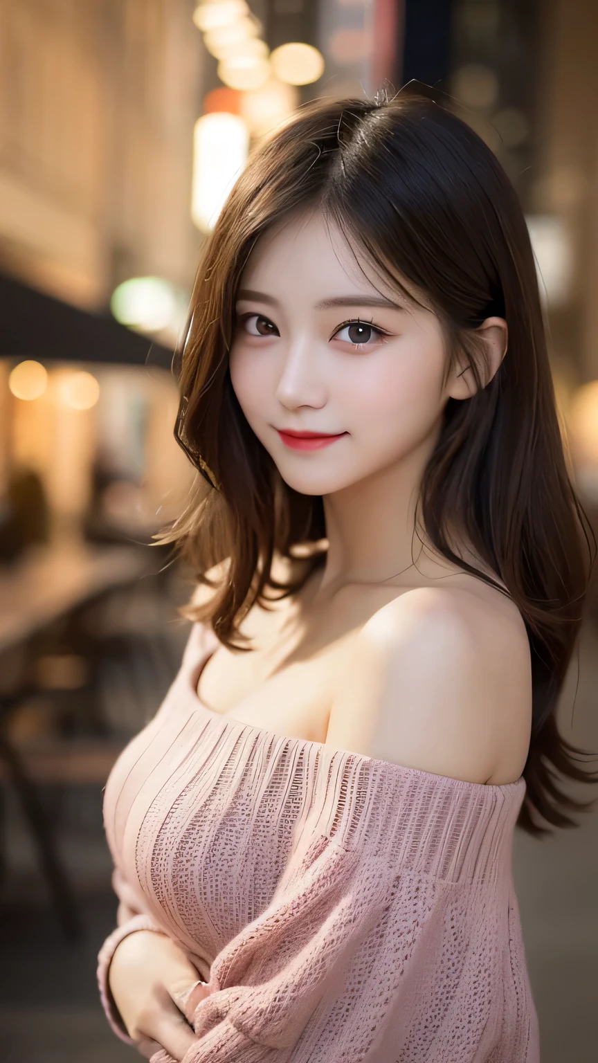 Tabletop, highest quality, shape, Very detailed, finely, High resolution, 8k wallpaper, Perfect dynamic shape, Beautiful and detailed, Elegant winter clothes,Medium Hair,Small Breasts Natural Color Lip, Bold sexy pose,smile、20-year-old girl、cute、Looking at the camera is sexy,night,Beautiful and elaborate face,Elegant face,Perfect and beautiful face,Slim face and body,Spread your arms wide、Background Blur、Pink knit、Ample breasts、Nogizaka,Off the shoulder