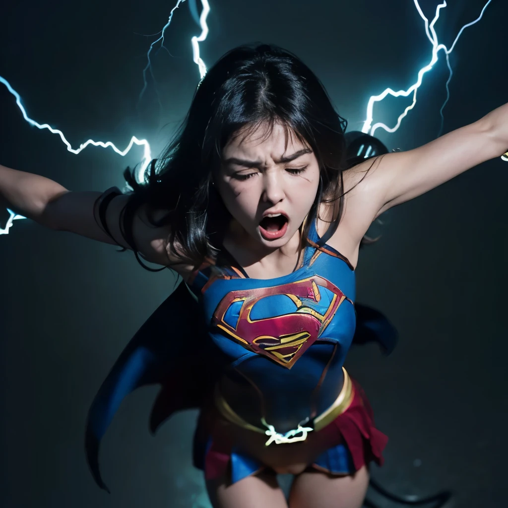 Supergirl、(正確なSupergirlの衣装:1.6)、拘束されたSupergirl、Crucifixion、Electric shock torture、(A strong electric shock runs through my lower body.:1.6)、Expressions of pain、(Electric shock to the pussy:1.8)、(Close ~ eyes:1.6)、Pleasure、Climax、Acme、Cramp、