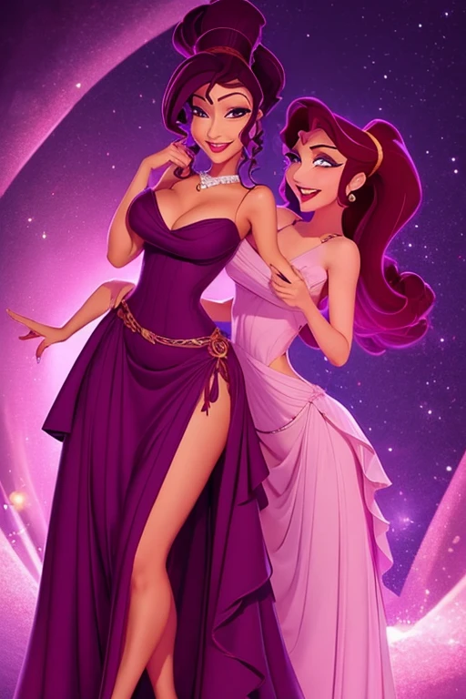 La morena Megara con un vestido griego morado, enfoque facial, hermoso retrato, detailed facial expression, full-body, mejor calidad, arte oficial, en la noche luz de fondo romantice, ojos brillantes, style of disney animation., mejor calidad, arte digital, 2d