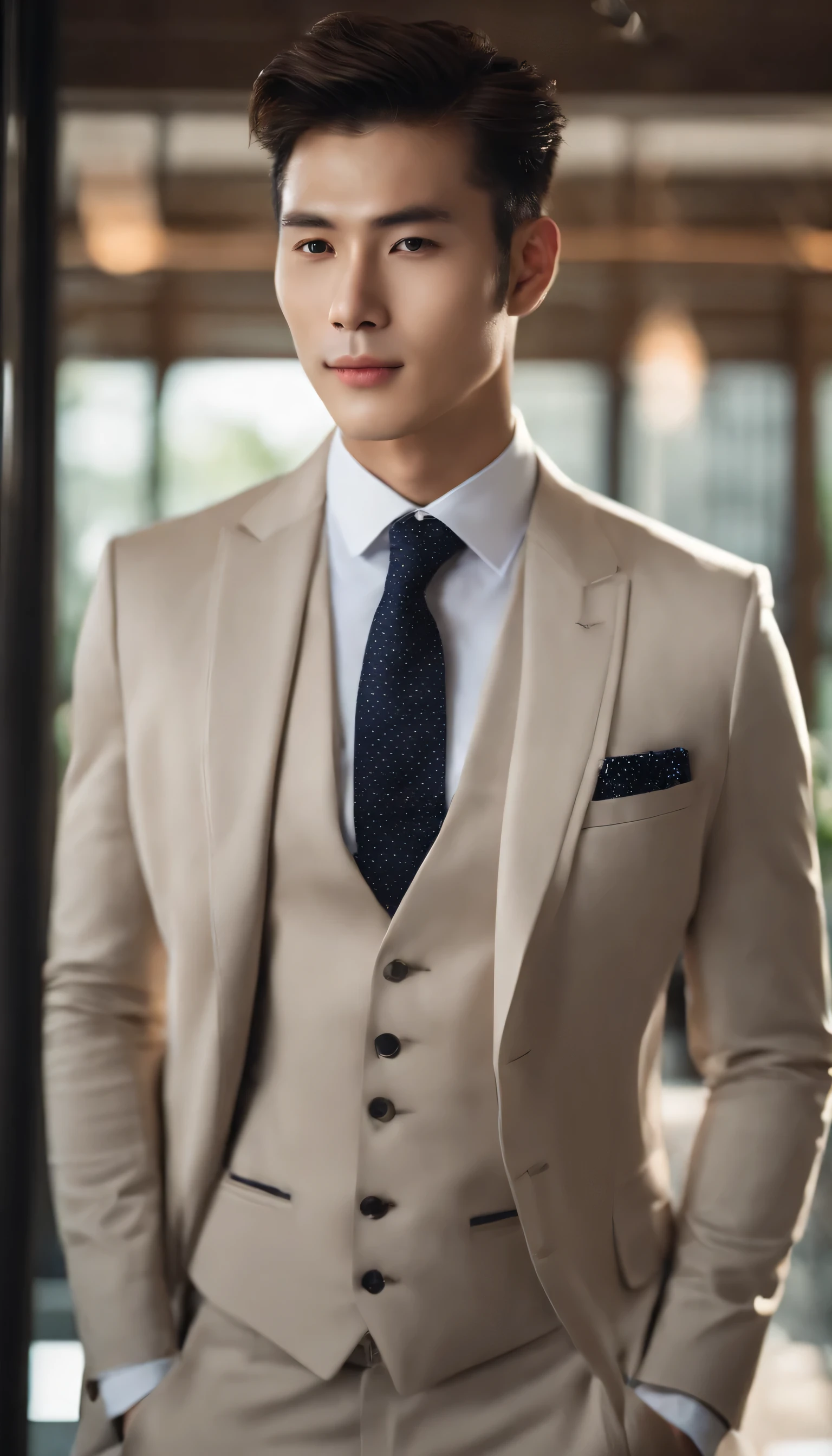 The 28-year-old, handsome employee is looking towards us with a smile.（Actual photo）(Natural light on your face)、（Super handsome guy in S-class suit）、28-year-old Japanese man、　merchant、suit、striped suit、Office floor-to-ceiling windows、　S class young handsome man standing in suit、（CG Unity 8K high definition photos）、（highest quality）、Very detailed、（masterpiece）、　super high quality、（masterpiece）、super high quality、Very beautiful hair、Bright photo、Handsome like a model、Handsome like an idol、Luxury Watches.
